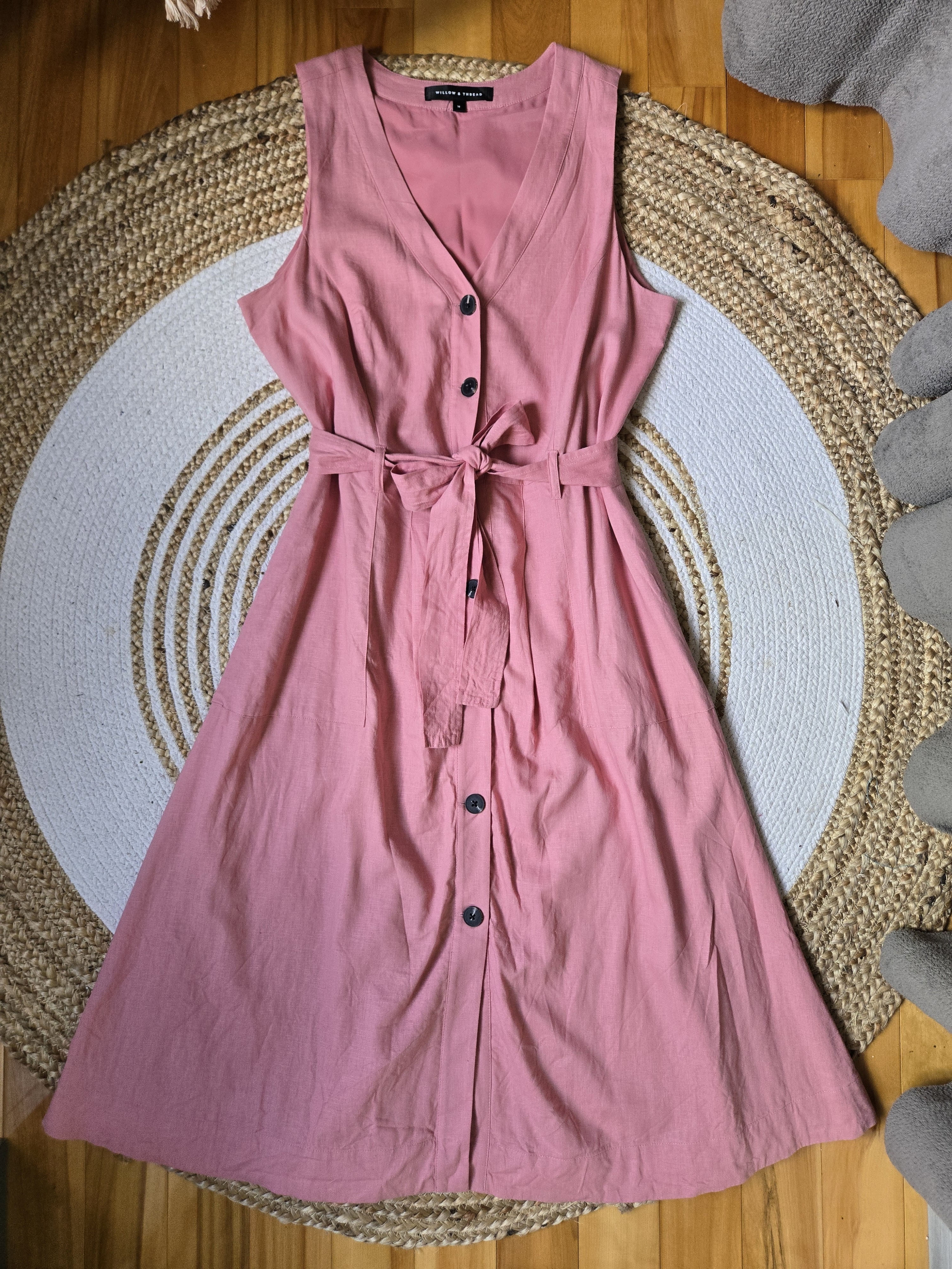 Linen Sleeveless Button-Front Pink Tie-Waist Dress Timeless Summer Vintage Vibes